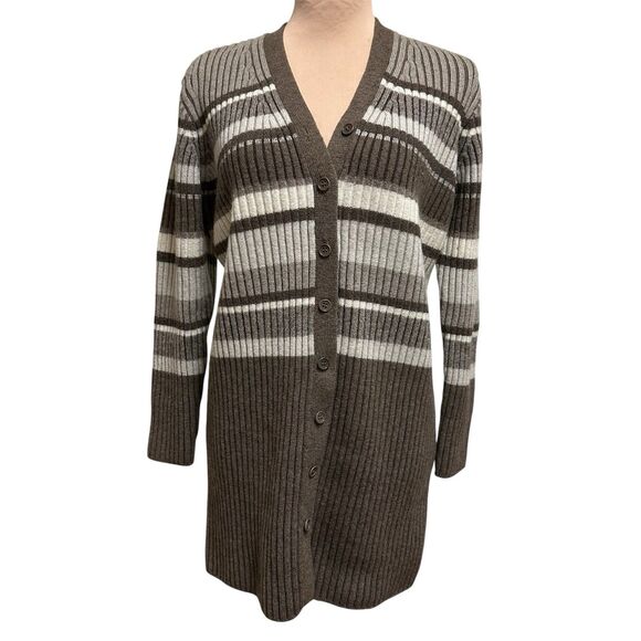 Anne Klein II Ribbed Longline Cardigan 100% Wool M Brown Business Casual Office - Picture 1 of 13
